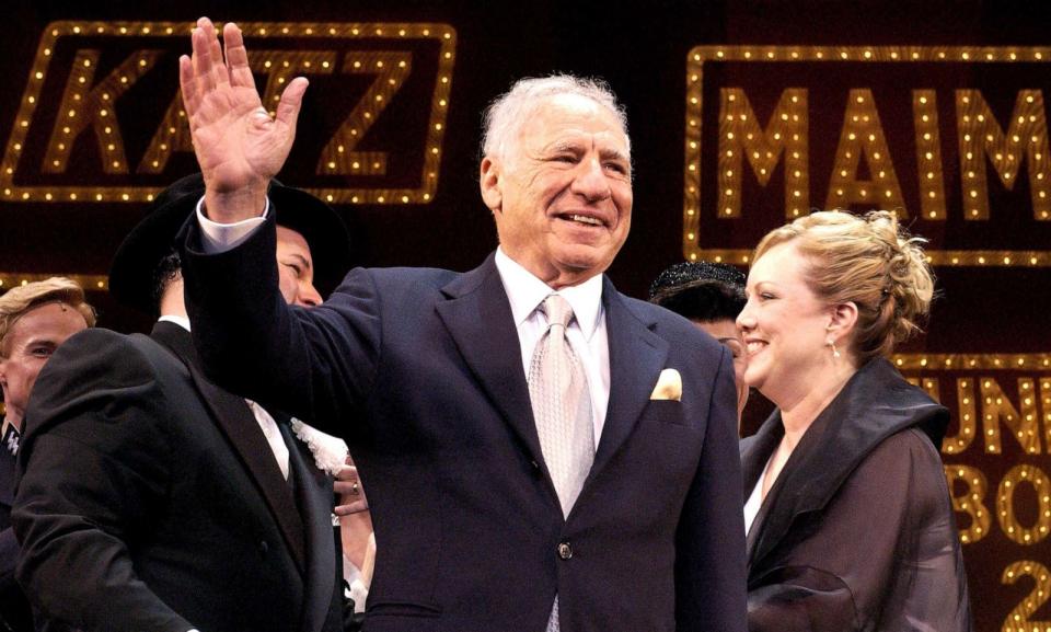 PHOTO: Mel Brooks waves to the audience during the curtain call on opening night of 'The Producers' in Hollywood, Calif., May 29, 2003. (Lester Cohen/WireImage via Getty Images)