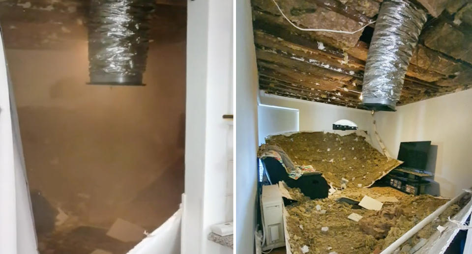 One image of a ceiling in a WA home collapsing and a second image of the damage after.