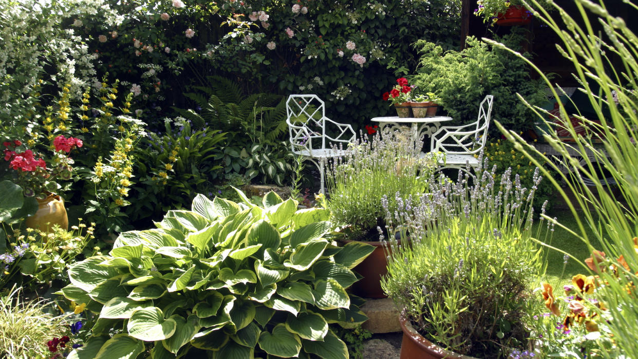  A small garden with a variety of plants and a small white bistro table. 