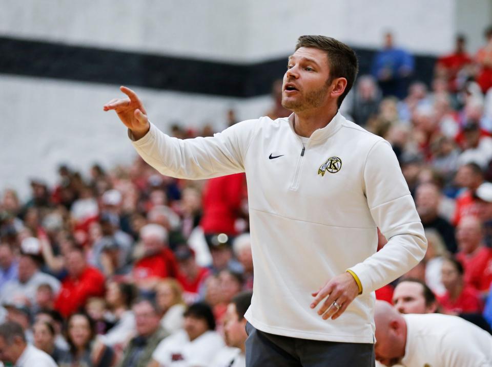 Kickapoo Chiefs Head Coach Mitch McHenry as the Chiefs take on the Nixa Eagles during the Class 6 District 5 championship game at Ozark High School on Monday, March 6, 2023.