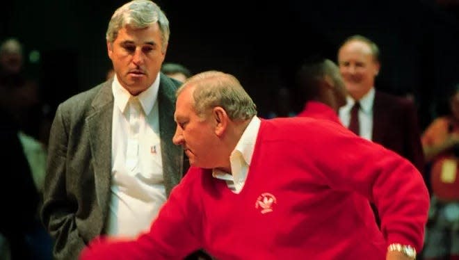 Bobby Knight, left, watches UTEP Coach Don Haskins clown around before a UTEP-Indiana game on December 16, 1989.