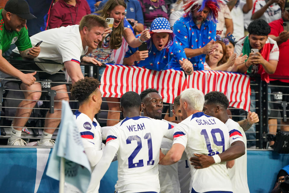 LAS VEGAS, NEVADA - JUNE 18: Folarin Balogun #20 of the United States celebrates scoring with teammates during the first half of the 2023 CONCACAF Nations League Final against Canada at Allegiant Stadium on June 18, 2023 in Las Vegas, Nevada. (Photo by John Todd/USSF/Getty Images for USSF)