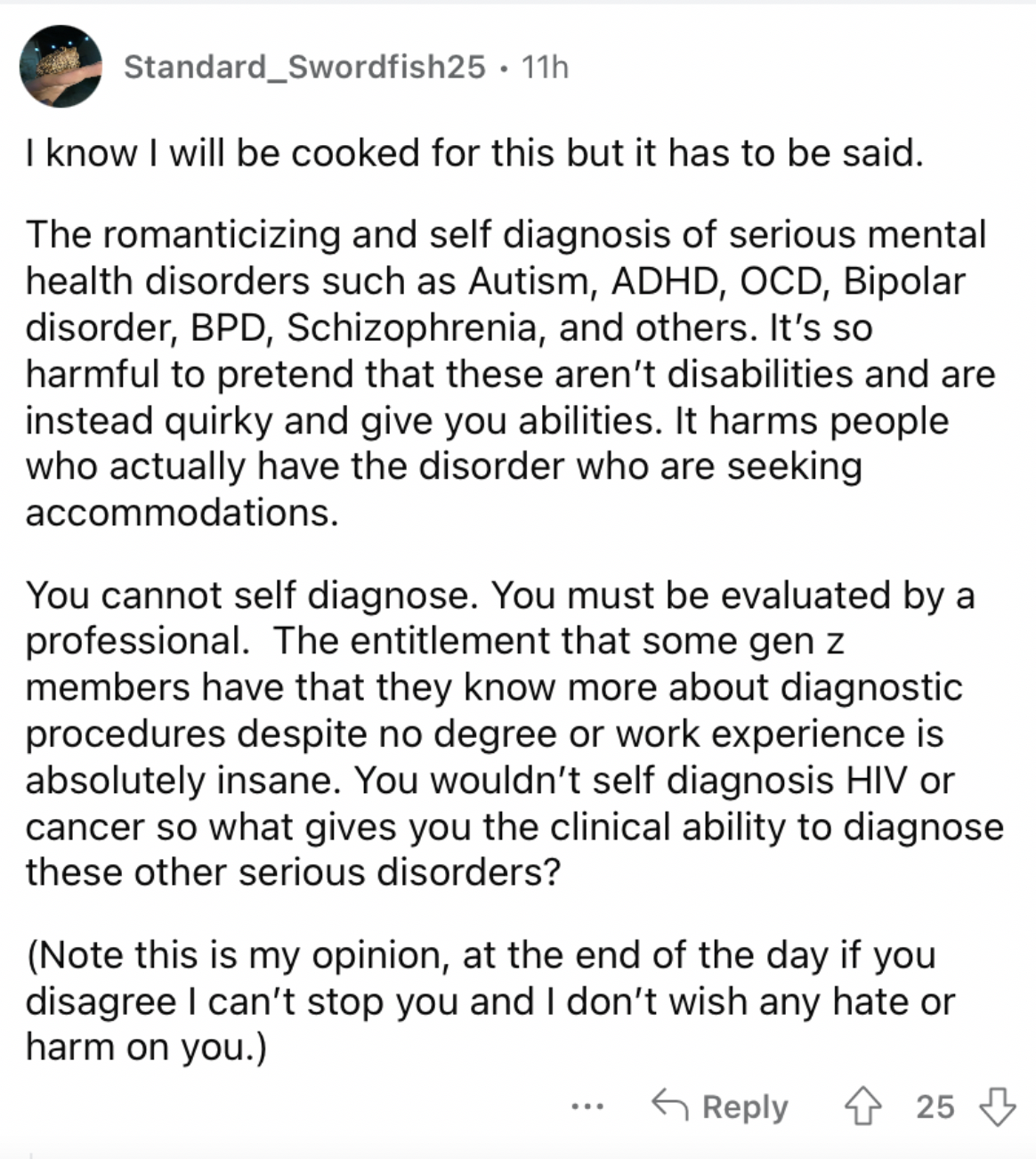Reddit screenshot about how people shouldn't diagnose themselves.