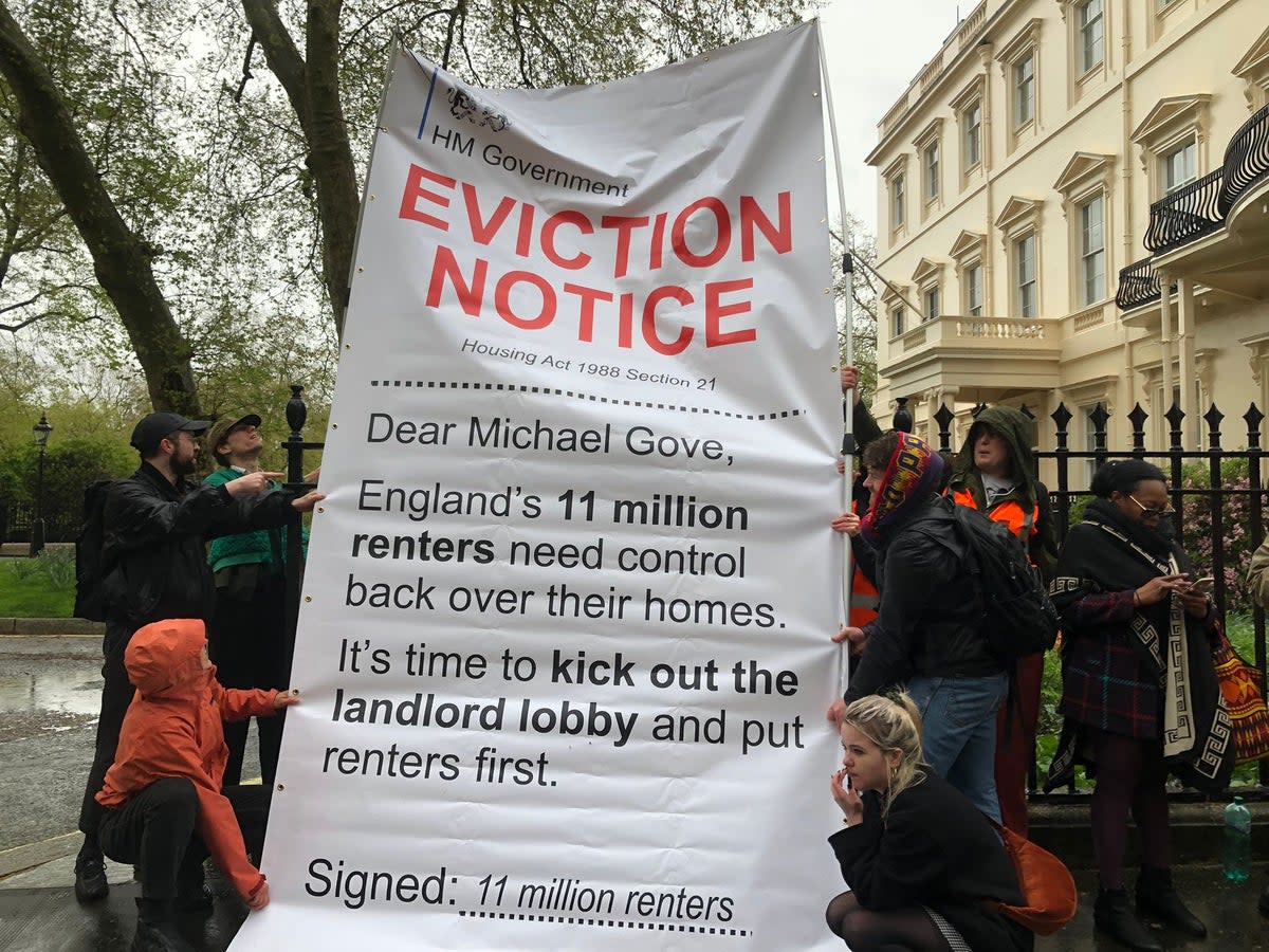 The four-metre-high mock eviction letter was set up outside the Secretary for State for Housing’s house (London Renters Union)