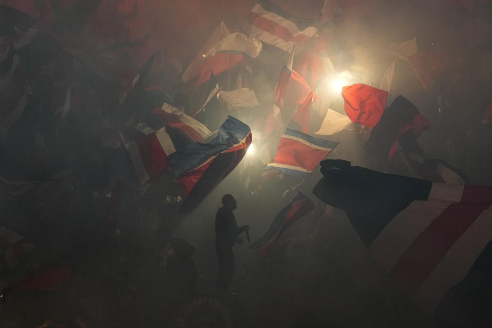 PSG's supporters cheer during the Champions League group F soccer match between Paris Saint Germain and AC Milan at Parc des Princes stadium in Paris, Wednesday, Oct. 25, 2023. (AP Photo/Thibault Camus)