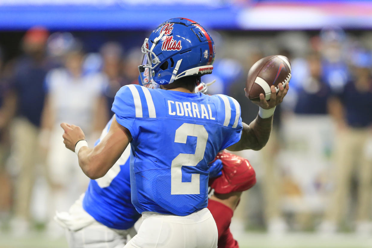 Ole Miss QB Matt Corral was downright lethal against Louisville but will have tougher tests ahead.  (Photo by David J. Griffin/Icon Sportswire via Getty Images)