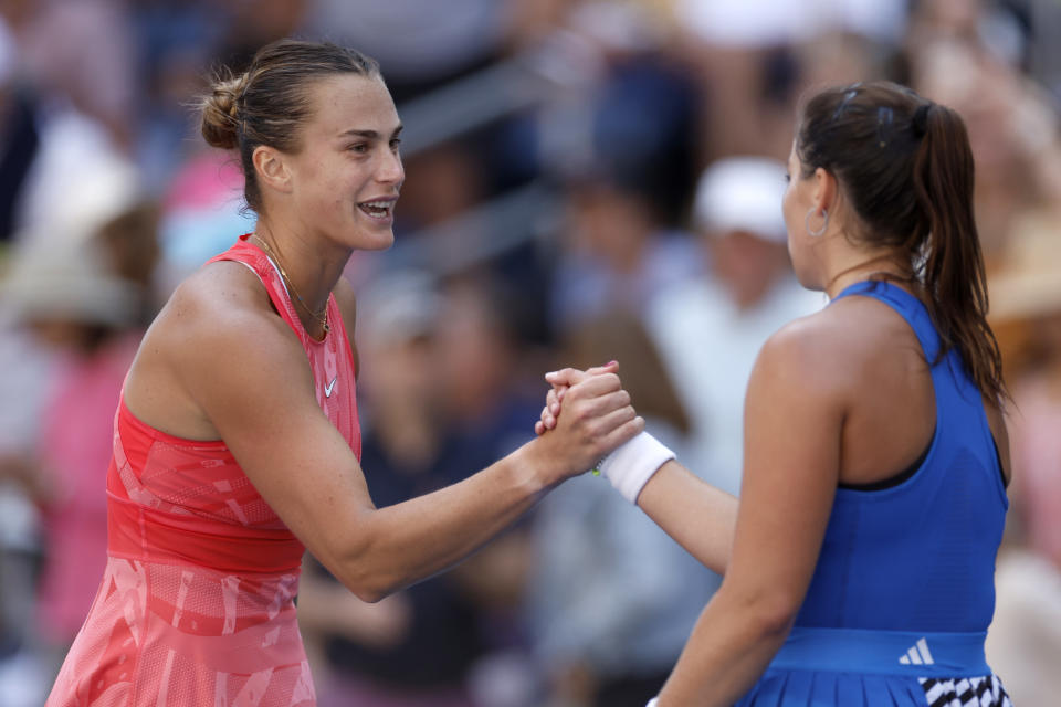 Aryna Sabalenka and Jodie Burrage after their match at the US Open.