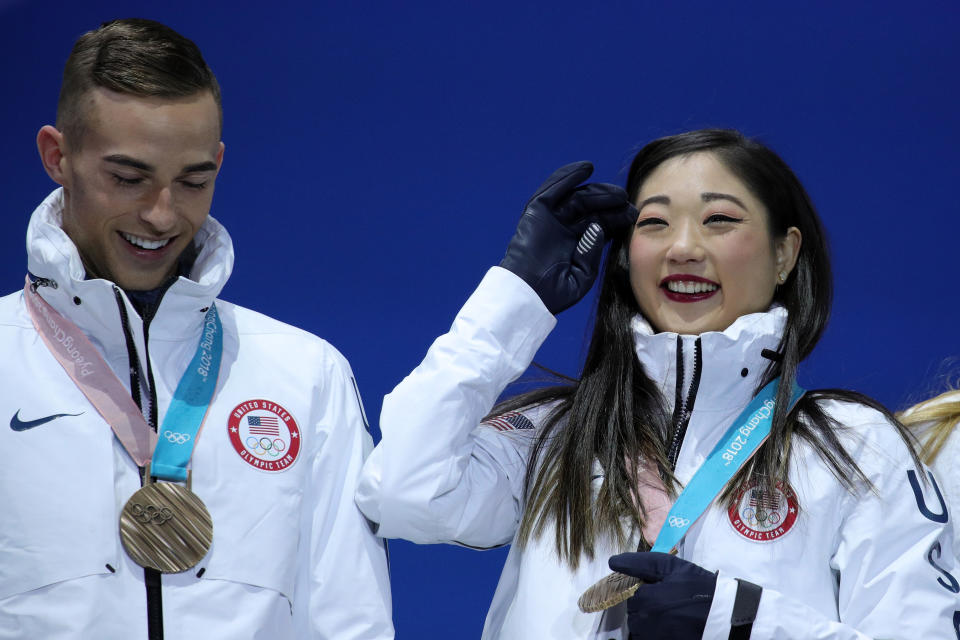 Adam Rippon and Mirai Nagasu at Medal Plaza on February 12, 2018 in Pyeongchang-gun, South Korea.