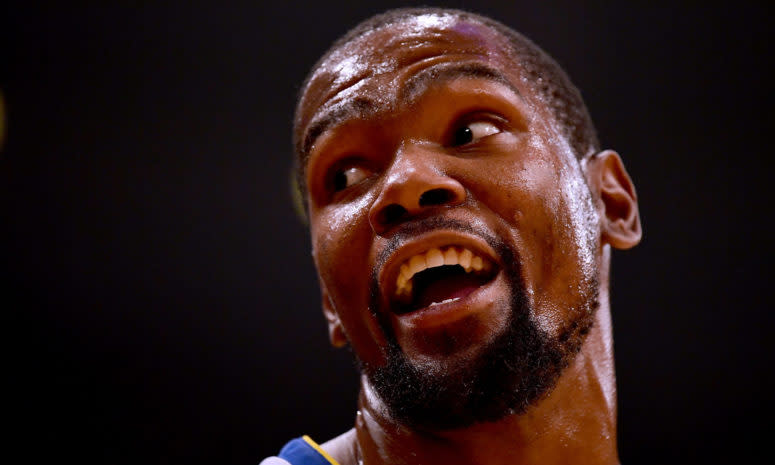 An extreme closeup of Kevin Durant's face.