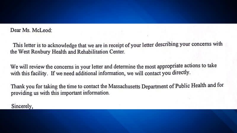 An Oct. 3, 2022 state letter from the Department of Public Health acknowledging McLeod’s complaint.