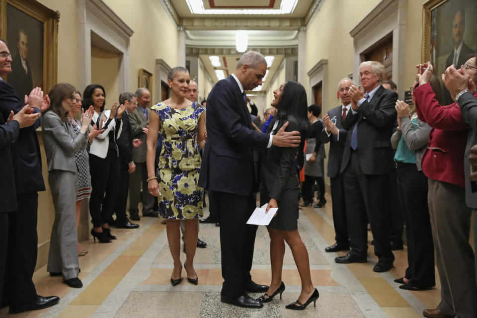 April 24, 2015 — U.S. Attorney General Eric Holder leaves the Justice Department