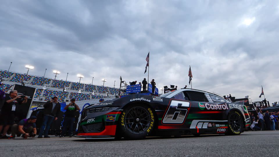 Brad Keselowski (No. 6) exits the garage area during Daytona 500 practice on Friday. - Mike Ehrmann/Getty Images