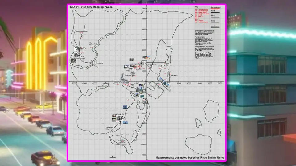 玩家社群繪製的《GTA6》世界地圖（圖片來源：Church of GTA / Rockstar / Kotaku）