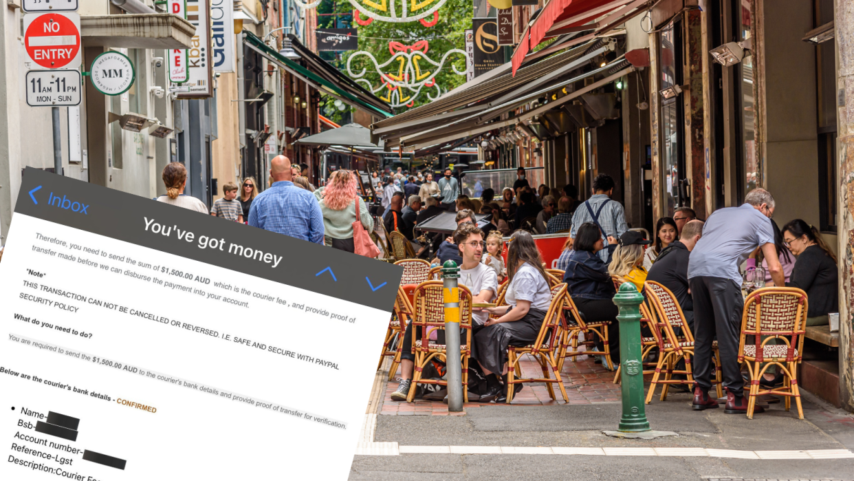 A composite image of people sitting at a cafe and the scam email which claims a $1,500 payment needs to be made.