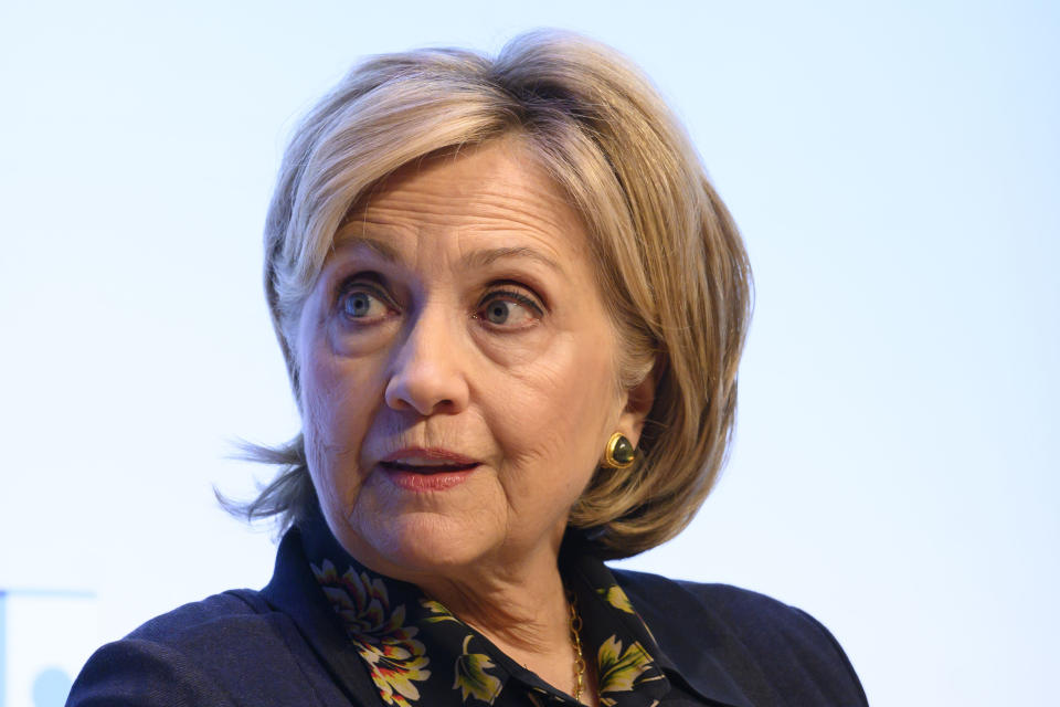 SWANSEA, WALES - NOVEMBER 15: Hillary Clinton, Former First Lady and U.S. Secretary of State, speaks during a visit to Swansea University on November 15, 2019 in Swansea, Wales. The event, inspired by Hillary Clintons latest publication, The Book of Gutsy Women, written with her daughter Chelsea, saw her join a panel to debate the challenges facing women today. The discussion was hosted by Sky TV presenter Anna Jones (L) and included the Dean of the Universitys School of Law, Professor Elwen Evans (3rd from L), Welsh Education Minister Kirsty Williams (4th from L) and academic Professor Laura McAllister (R). (Photo by Matthew Horwood/Getty Images)