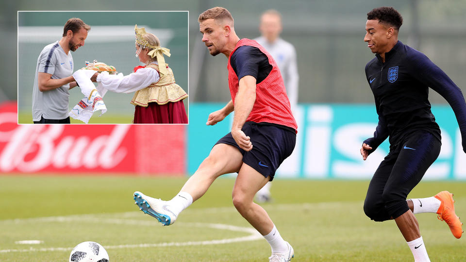 England have held their first training session after arriving in Russia.