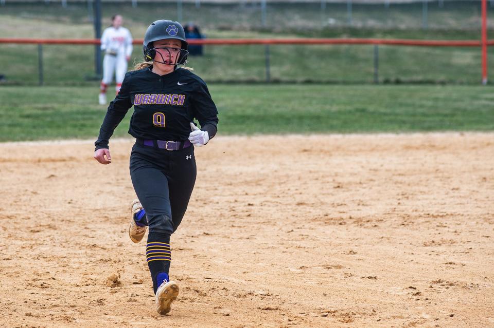 Warwick's Alyssa Sarlo runs to third base during the Section 9 girls softball game at Marlboro High School in Marlboro, NY on Tuesday, March 26, 2024. Marlboro defeated Warwick 5-0. KELLY MARSH/FOR THE TIMES HERALD-RECORD