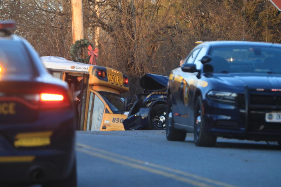 Tthe scene of a crash between an Arlington Central School District bus and a New York State Police cruiser in LaGrange on March 8, 2022. 