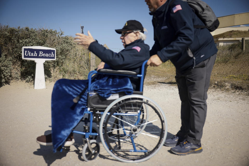 U.S. veteran arrives at a commemoration organized by Best Defense Foundation at Utah Beach near Sainte-Marie-du-Mont, Normandy, France, Sunday, June 4, 2023. The landings on the coast of Normandy 79 year ago by U.S. and British troops took place on June 6, 1944. (AP Photo/Thomas Padilla)