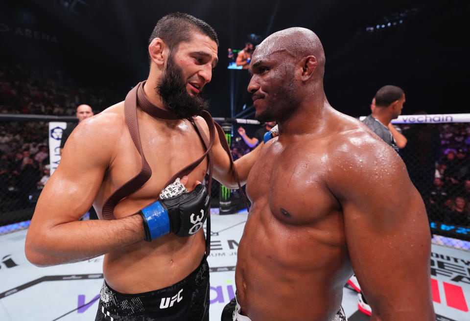 ABU DHABI, UNITED ARAB EMIRATES - OCTOBER 21: (L-R) Khamzat Chimaev of the United Arab Emirates and Kamaru Usman of Nigeria talk after their middleweight fight during the UFC 294 event at Etihad Arena on October 21, 2023 in Abu Dhabi, United Arab Emirates. (Photo by Chris Unger/Zuffa LLC via Getty Images)