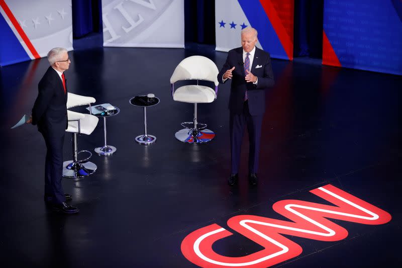 U.S. President Joe Biden participates in a town hall with CNN's Anderson Cooper in Baltimore