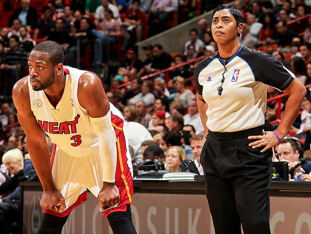 Violet Palmer in 2015, working alongside Dwyane Wade. (Getty Images)