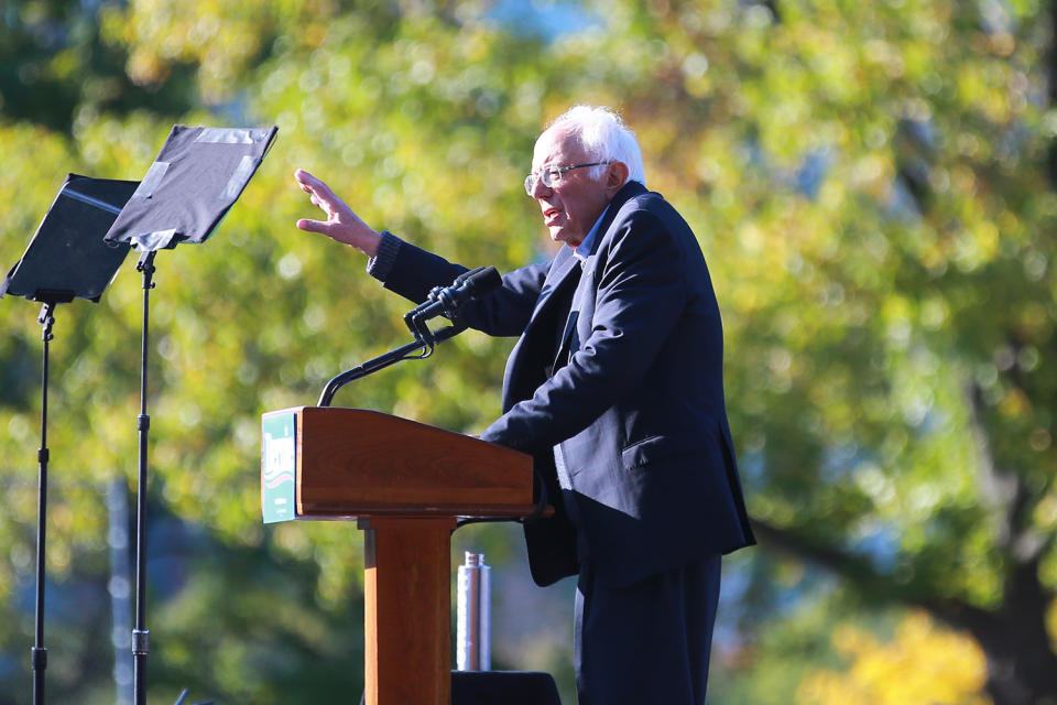 Vermont senator and Democratic presidential candidate Bernie Sanders speaks at the Bernie's Back Rally in Long Island City, New York on Saturday, Oct. 19, 2019. (Photo: Gordon Donovan/Yahoo News) 