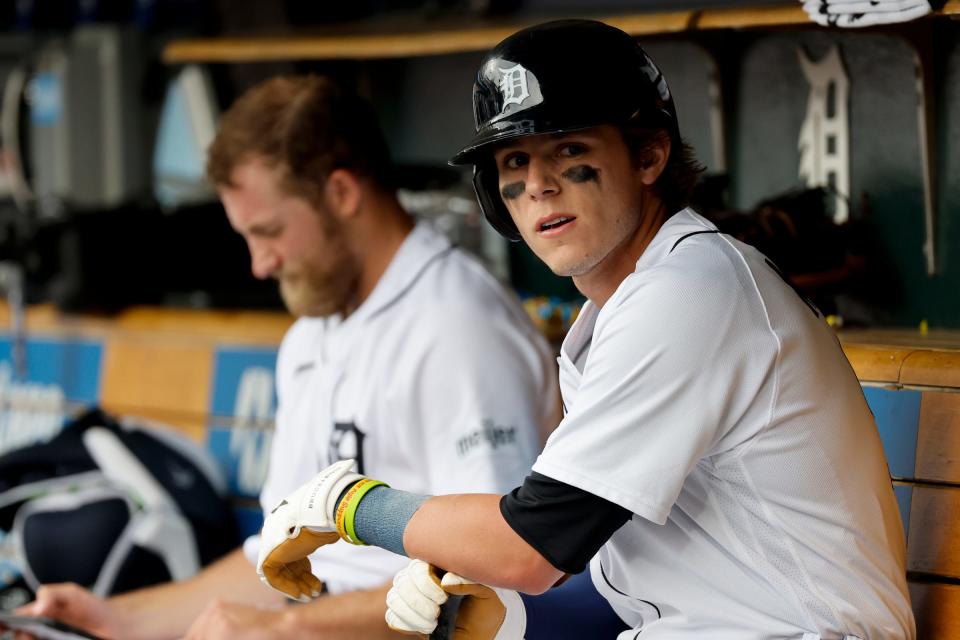 Detroit Tigers third baseman Nick Maton sits in dugout in the first inning against the Arizona Diamondbacks at Comerica Park, June 11, 2023.