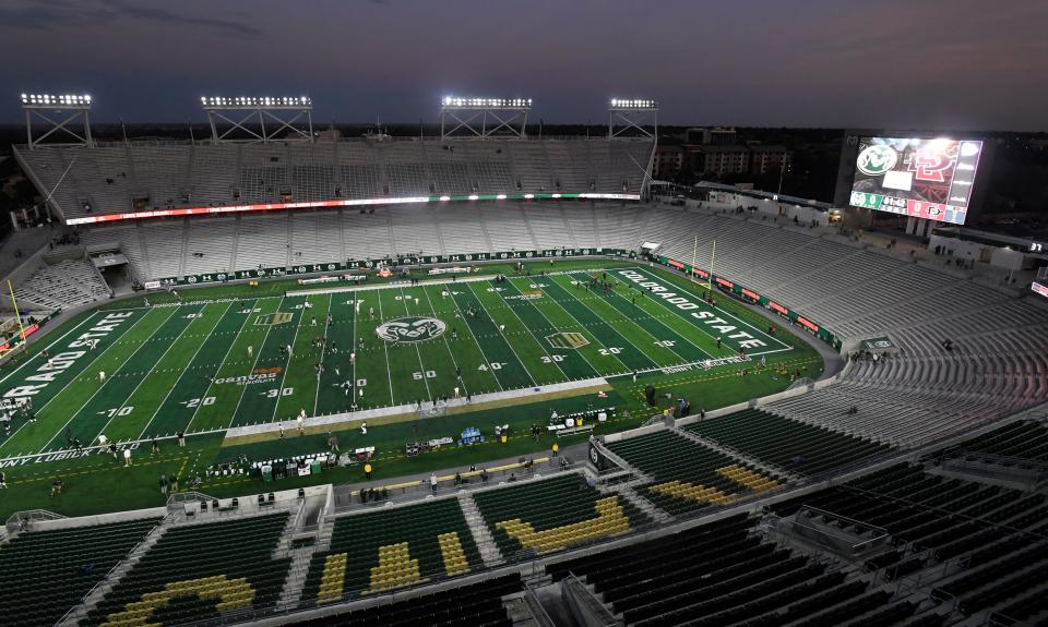Colorado State University's Canvas Stadium (pictured before a 2019 game) will play host to Colorado state championship football games through 2027, CHSAA announced on Thursday.
