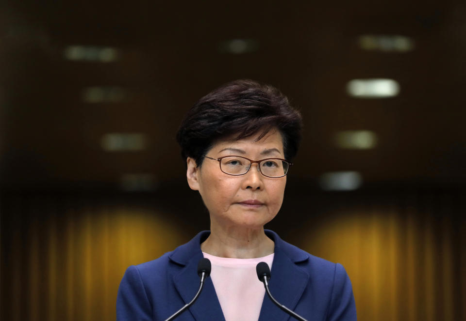 Hong Kong Chief Executive Carrie Lam pauses during a press conference in Hong Kong, Tuesday, July 9, 2019. Lam said Tuesday the effort to amend an extradition bill was dead, but it wasn't clear if the legislation was being withdrawn as protesters have demanded. (AP Photo/Vincent Yu)