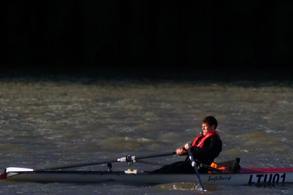 Olympic diver Tom Daley rows underneath Tower Bridge on the River Thames during his Comic Relief challenge, a gruelling journey from London Aquatic Centre in Stratford, east London, where he won his first Olympic medal in 2012, to his home town of Plymouth. Picture date: Monday February 14, 2022.