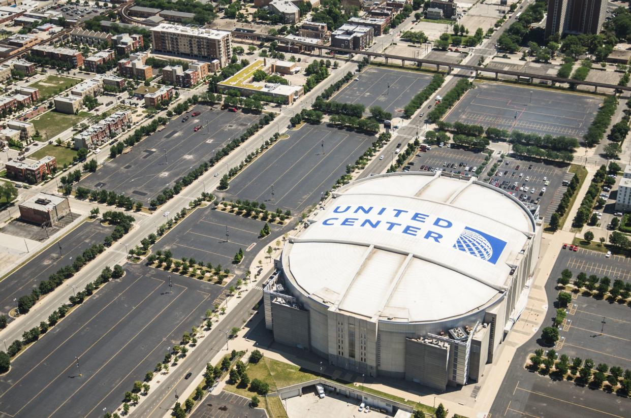 Chicago, Illinois, USA - July 12, 2013: Aerial view of the United center stadium on chicago. United Center, also known as the 