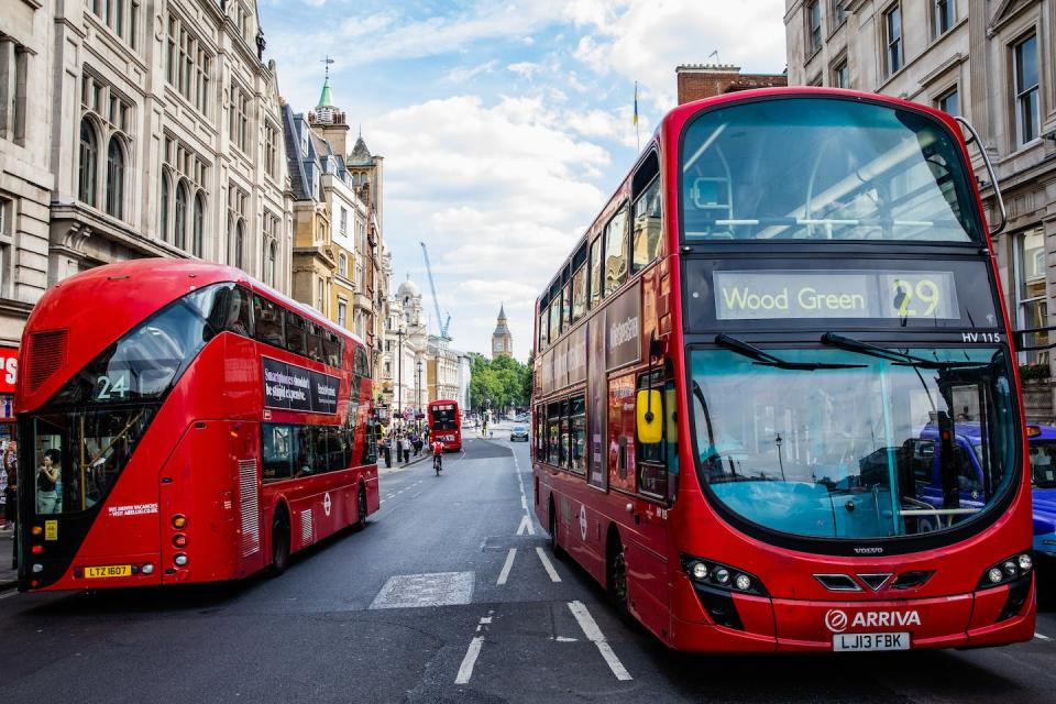 London’s signature red buses cover the entire city, with 24-hour service on many lines. <a href="https://www.gettyimages.com/detail/news-photo/red-double-decker-buses-pass-along-whitehall-on-11th-july-news-photo/1241871118" rel="nofollow noopener" target="_blank" data-ylk="slk:Mark Kerrison/In Pictures via Getty Images;elm:context_link;itc:0;sec:content-canvas" class="link ">Mark Kerrison/In Pictures via Getty Images</a>