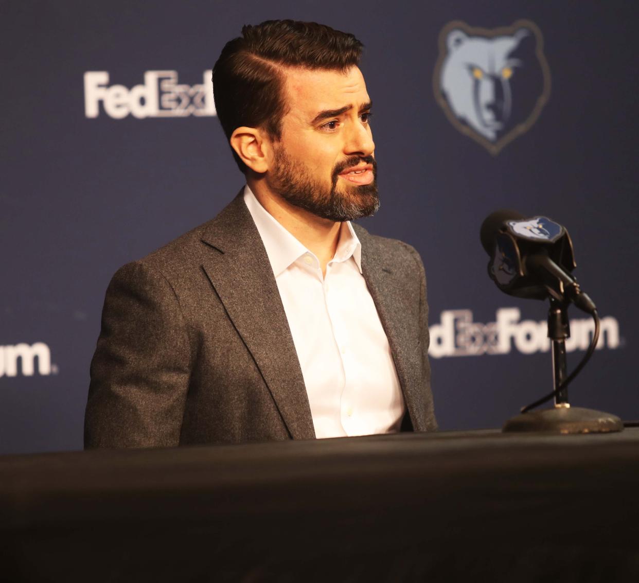 Memphis Grizzlies general manager Zach Kleiman can be seen speaking at the Memphis Grizzlies Media Day at the FedEx Forum in Memphis Tenn., on Monday, October, 02, 2023.