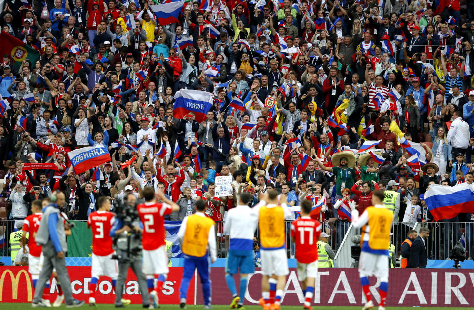 Thanks! Russian players applaud the fans at the Luzhniki Stadium in Moscow