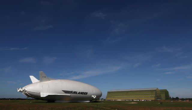 The Airlander 10 hybrid airship is seen at Cardington Airfield