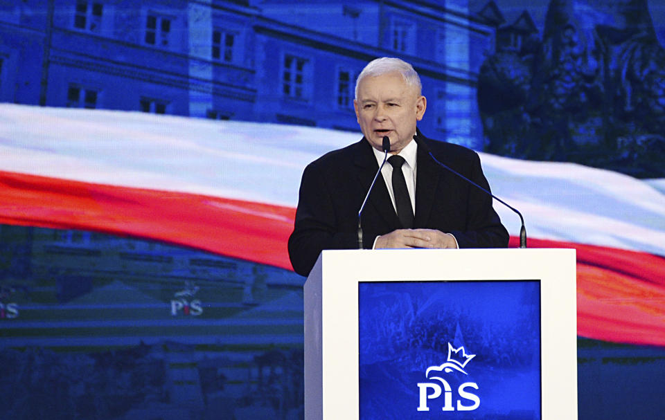 Jaroslaw Kaczynski, leader of the ruling Law and Justice party (PiS) speaks during his party's electoral convention ahead of the Oct.21 local elections, in Warsaw, Poland, Sunday, Sept. 2, 2018. The leader of Poland's conservative political party, whose policies have led to clashes with European Union leaders, says he wants the country to be like western EU nations "in every respect" over the next two decades. (AP Photo/Alik Keplicz)