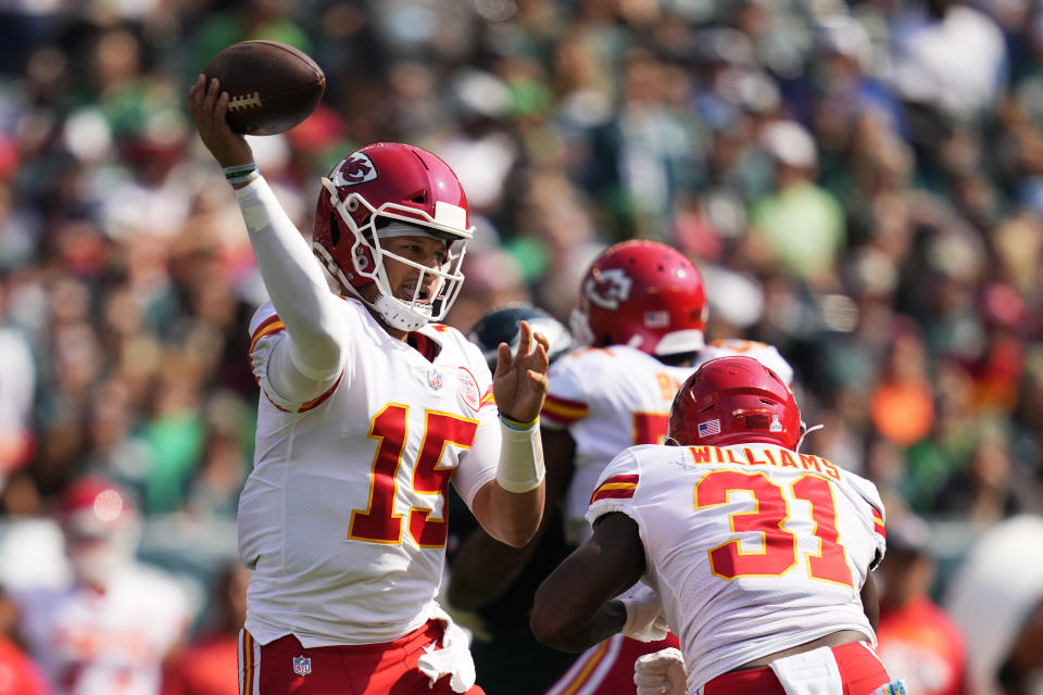 Kansas City Chiefs quarterback Patrick Mahomes (15) looks to pass during the first half of an NFL football game against the Philadelphia Eagles on Sunday, Oct. 3, 2021, in Philadelphia. (AP Photo/Matt Slocum)