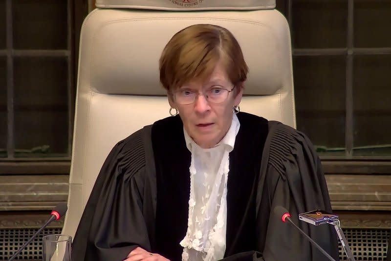 International Court of Justice President Joan Donoghue directs comments during Friday's meeting of the court in The Hague, Netherlands. Photo courtesy of International Court of Justice/UPI