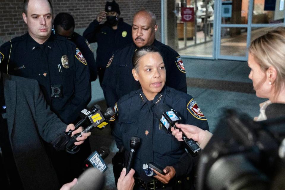 Durham Police Chief Patrice Andrews talks with reporters after a shooting wounded three people at Durham’s Streets of Southpoint mall, Friday, Nov. 26, 2021.