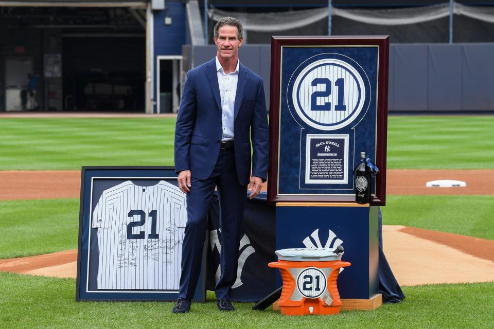 Aug 21, 2022; Bronx, New York, USA; New York Yankees former player Paul OÕNeil poses for a photo during a ceremony to retire his number before the game between the New York Yankees and Toronto Blue Jays at Yankee Stadium. Mandatory Credit: Dennis Schneidler-USA TODAY Sports