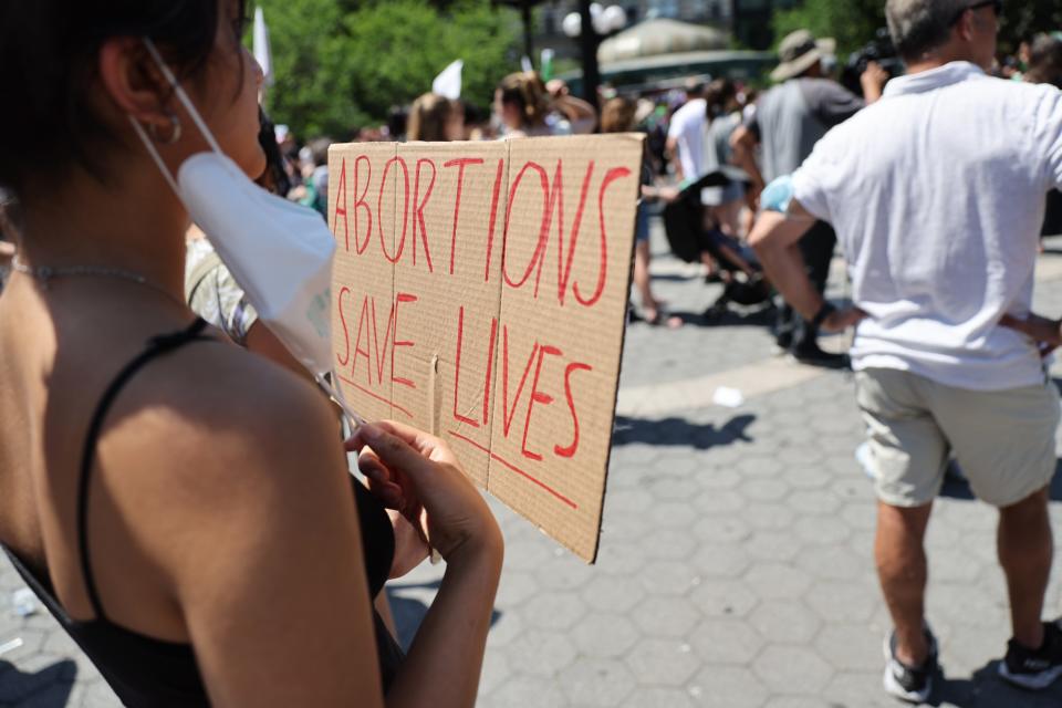 People gather in Union Square to protest against the recent Supreme Court ruling overturning Roe v. Wade on June 25, 2022, in New York City. The Supreme Court's decision in Dobbs v Jackson Women's Health overturned the landmark 50-year-old Roe v Wade case and erased a federal right to an abortion.