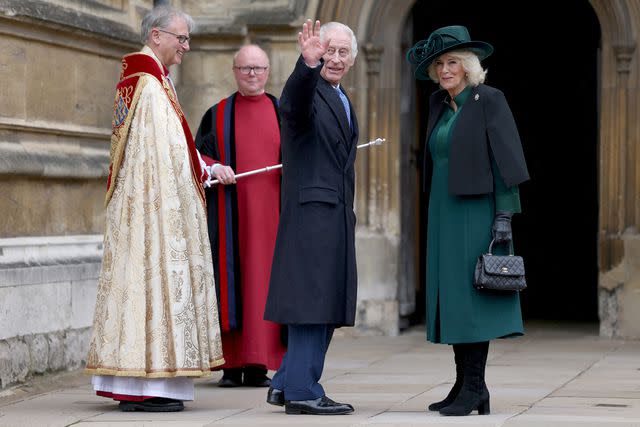 <p> Hollie Adams - WPA Pool/Getty</p> King Charles and Queen Camilla attend Easter church service at Windsor Castle on March 31, 2024