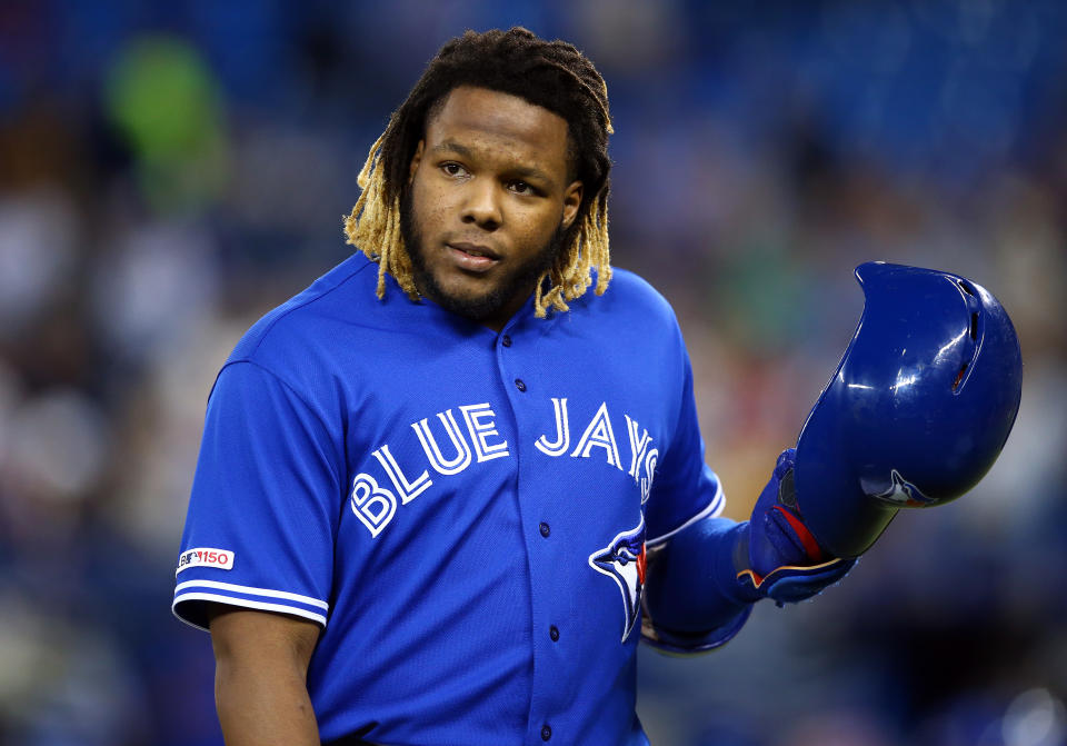 TORONTO, ON - SEPTEMBER 25:  Vladimir Guerrero Jr. #27 of the Toronto Blue Jays reacts after grounding out in the first inning during a MLB game against the Baltimore Orioles at Rogers Centre on September 25, 2019 in Toronto, Canada.  (Photo by Vaughn Ridley/Getty Images)