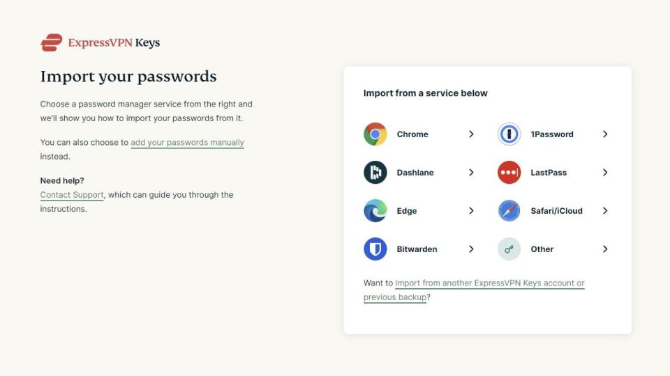 The set-up screen for ExpressVPN Keys, where a user is given the option of importing their passwords from another password manager.