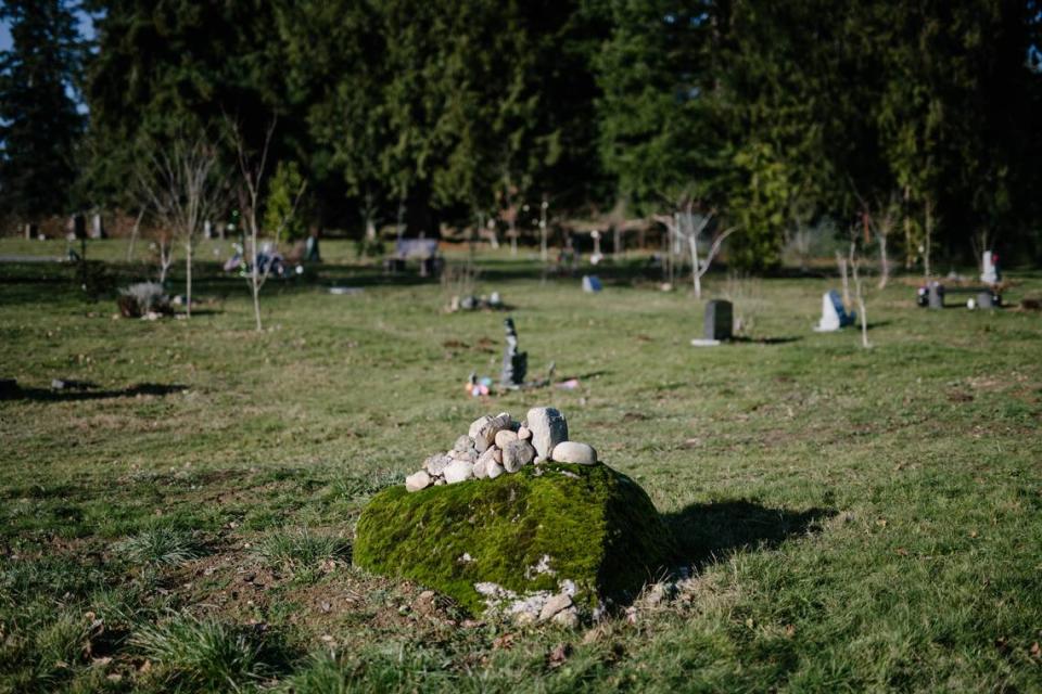 A boulder from an old river bed found on Woodlawn Cemetery’s land acts as a headstone for several green burial plots, in Snohomish, Wash., Jan. 7, 2019. Washington became the first state to permit human remains to be reduced to soil through composting, or recomposition. (Grant Hindsley/The New York Times) GRANT HINDSLEY/NYT