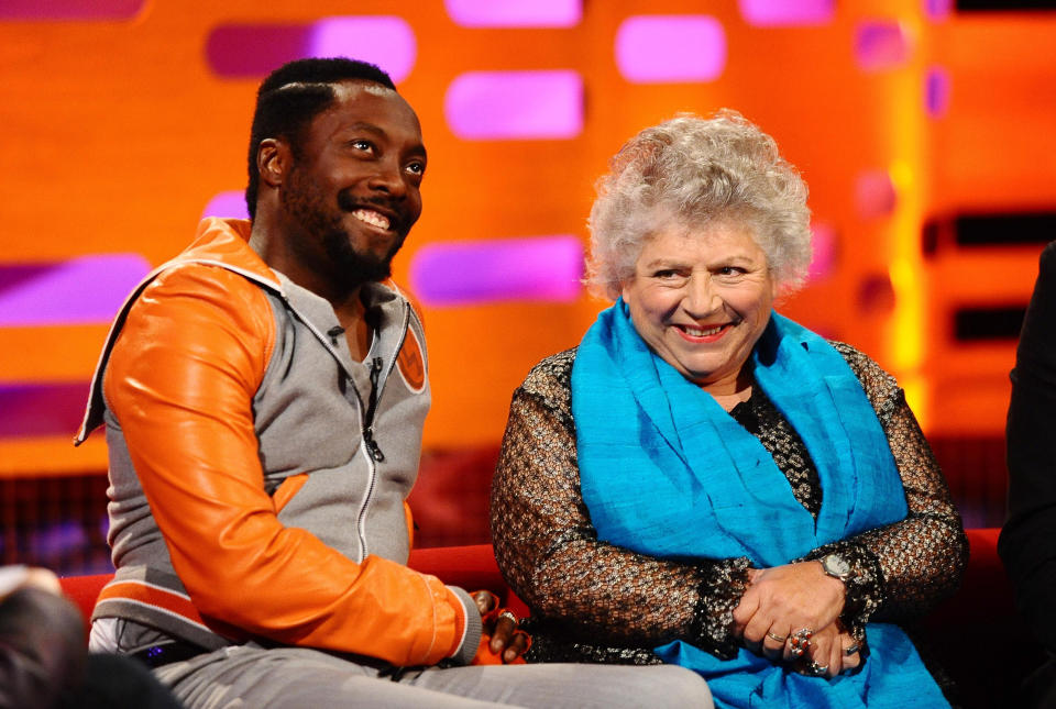 Will.i.am. and Miriam Margolyes (right) during filming of The Graham Norton Show at the London Studios, London.   (Photo by Ian West/PA Images via Getty Images)