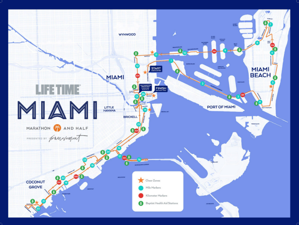 El mapa muestra el recorrido del Maratón y Medio Maratón Life Time de Miami 2024.