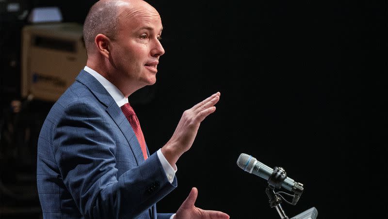 Gov. Spencer Cox speaks to media during a monthly news conference at PBS Utah at the Eccles Broadcast Center in Salt Lake City, Wednesday, Dec. 20, 2023.