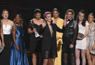 Megan Rapinoe, center, and members of the U.S. women's national soccer team accept the award for best team at the ESPY Awards on Wednesday, July 10, 2019, at the Microsoft Theater in Los Angeles. (Photo by Chris Pizzello/Invision/AP)